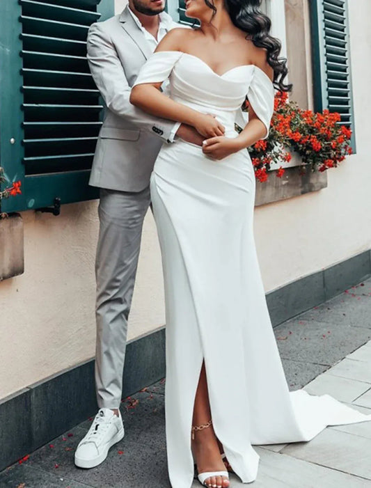 Mermaid Off-Shoulder Open Back Train Wedding Dress - Yihuiw by Yihuiw