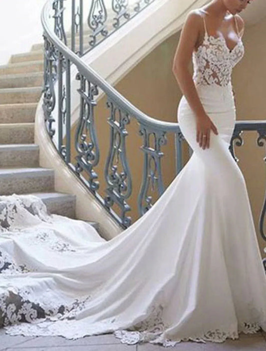 Mermaid Spaghetti Strap Satin Open Back Train Wedding Dress - Yihuiw by Yihuiw