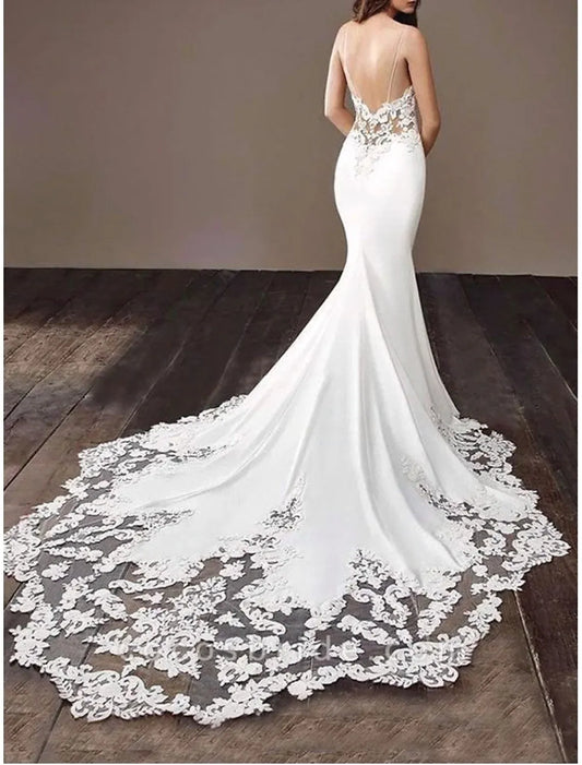 Mermaid Spaghetti Strap Satin Open Back Train Wedding Dress - Yihuiw by Yihuiw