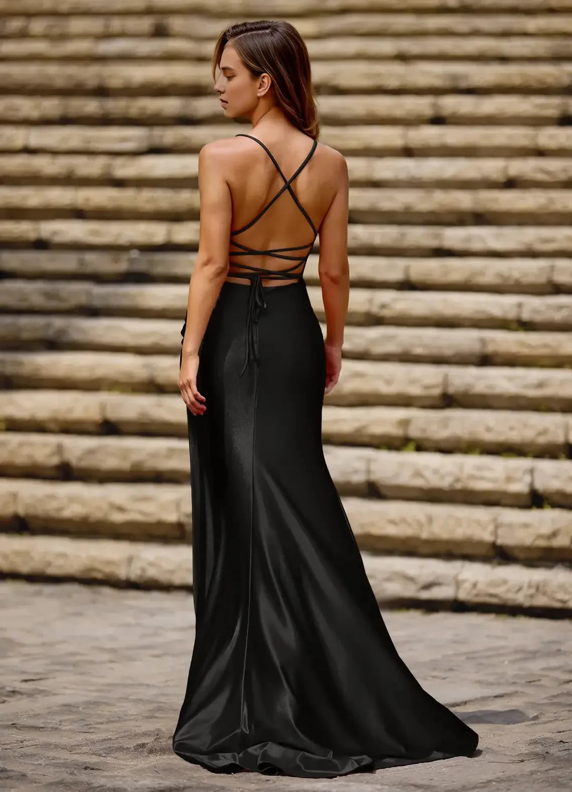 Sleek Mermaid Square Neck Spaghetti Strap Crisscross Lace Up Back High Slit Floor Length Hot sale Evening Dress by YiHuiw