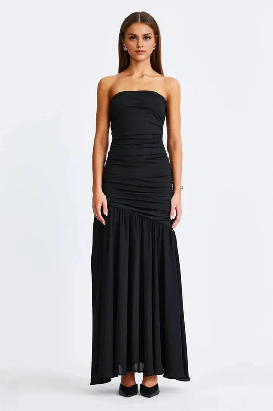 Sleek Mermaid Strapless Sleeveless Ruched Back Floor Length Prom Dress by YiHuiw