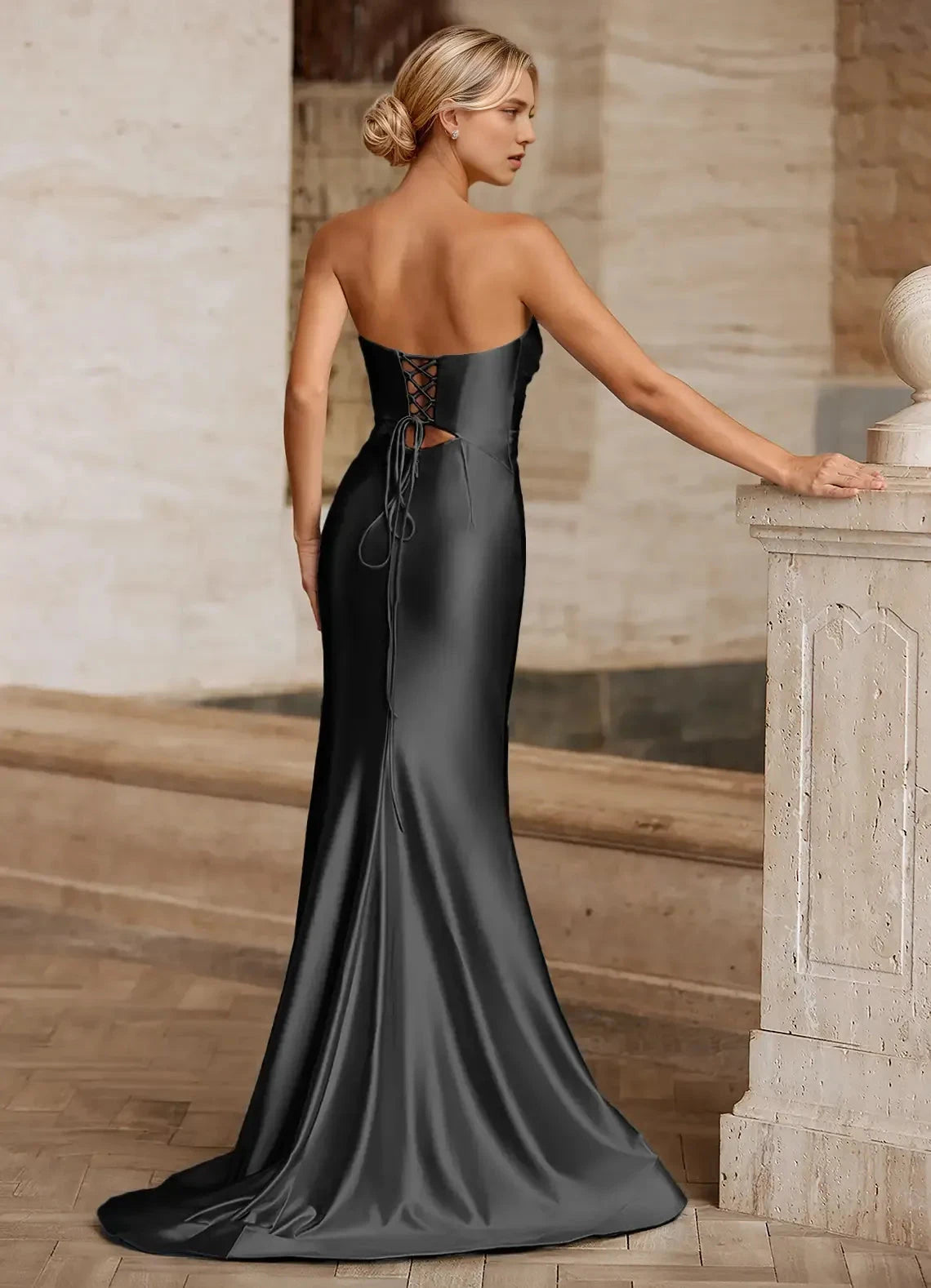 Sleek Mermaid Sweetheart Neck Strapless Crisscross Lace Up Back High Slit Floor Length Female Evening Dress by YiHuiw