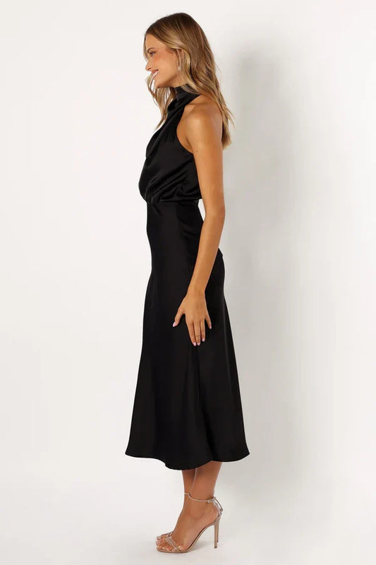 Halter Satin Asymmetric Midi Wedding Dress - Yihuiw by Yihuiw