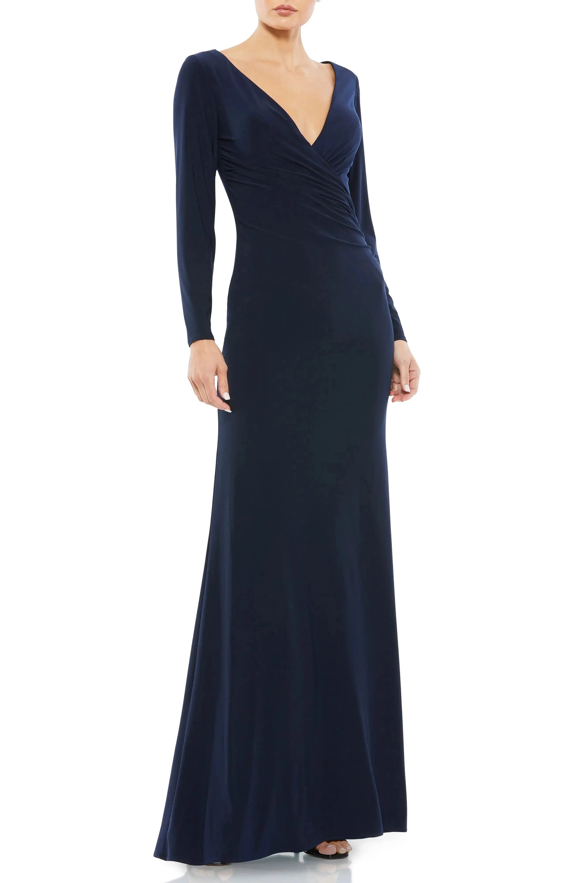 Sleek Ruched Mermaid Deep-V Neck Long Sleeve Zipper Back Floor Length For Adults Prom Dress by YiHuiw