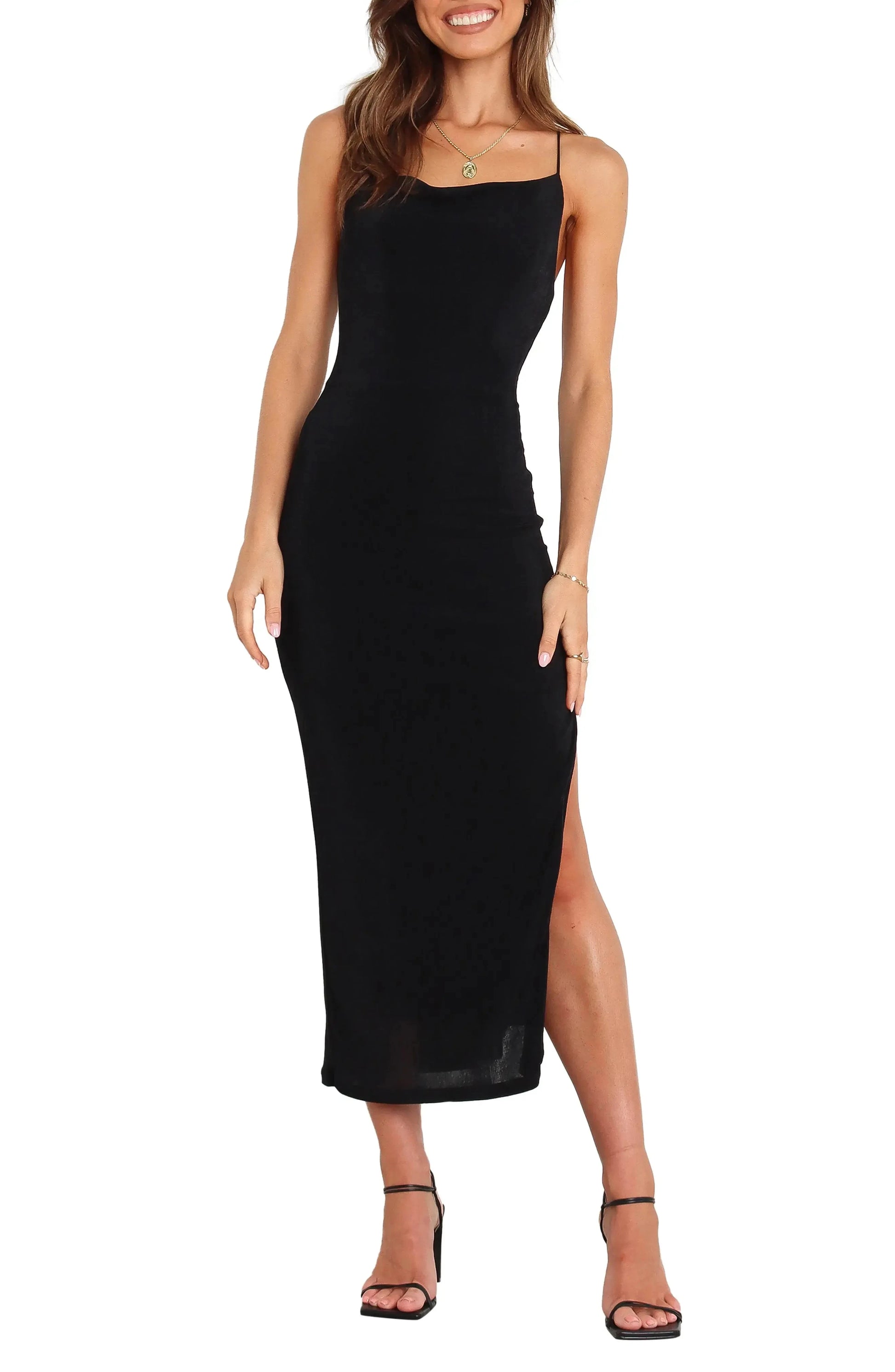 Sleek Ruched Sheath Square Neck Spaghetti Strap Cross Back Midi Length For Adults Prom Dress by YiHuiw