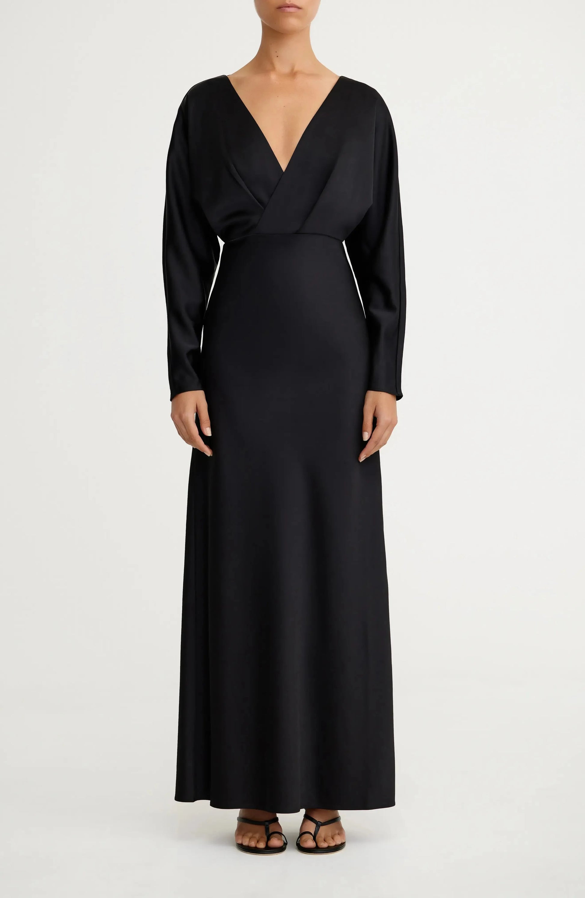 Sleek Satin Fitted Deep V Neck Long Sleeve Tie Back Floor Length For Ladies Evening Dress by YiHuiw