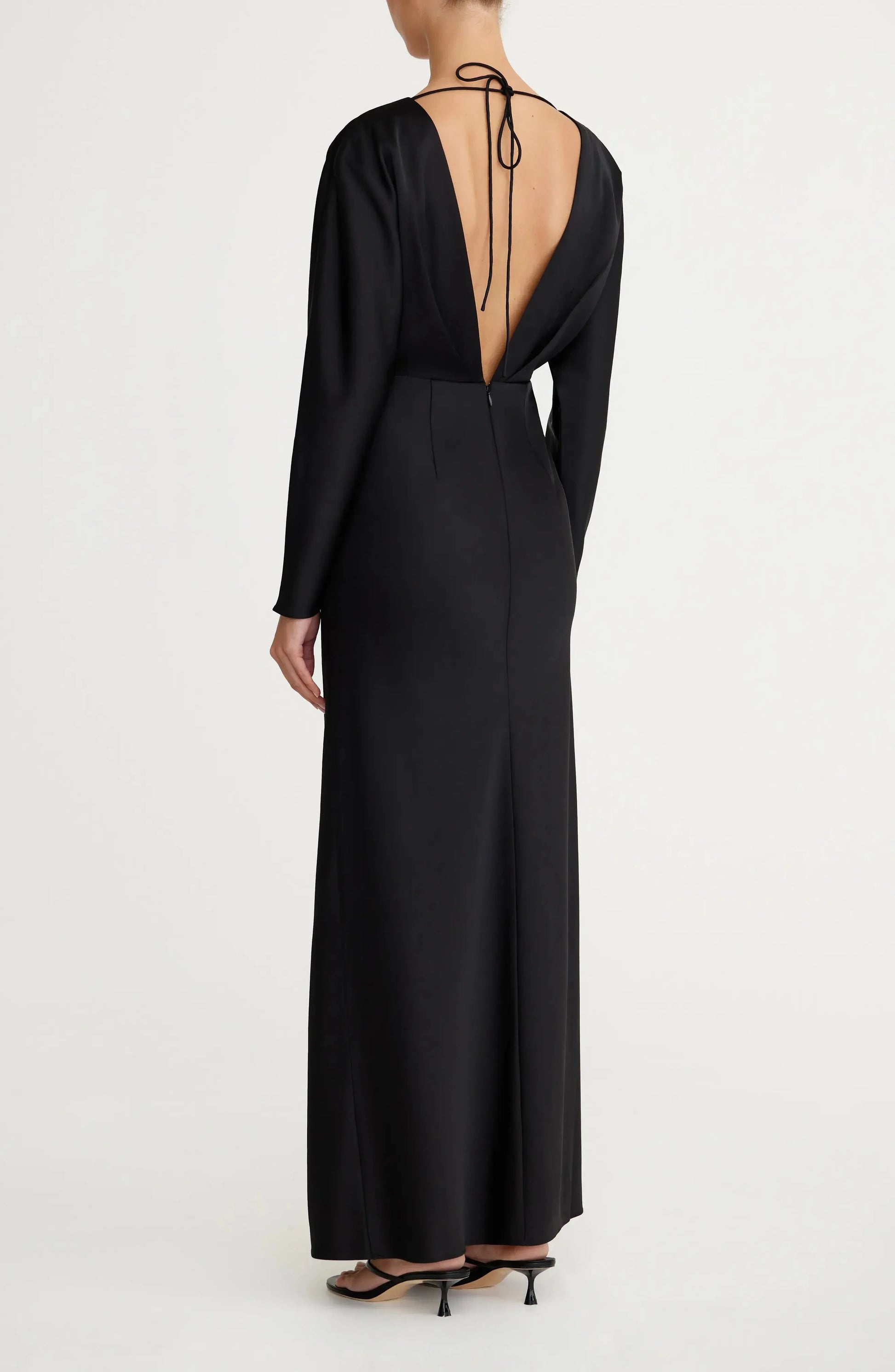 Sleek Satin Fitted Deep V Neck Long Sleeve Tie Back Floor Length For Ladies Evening Dress by YiHuiw