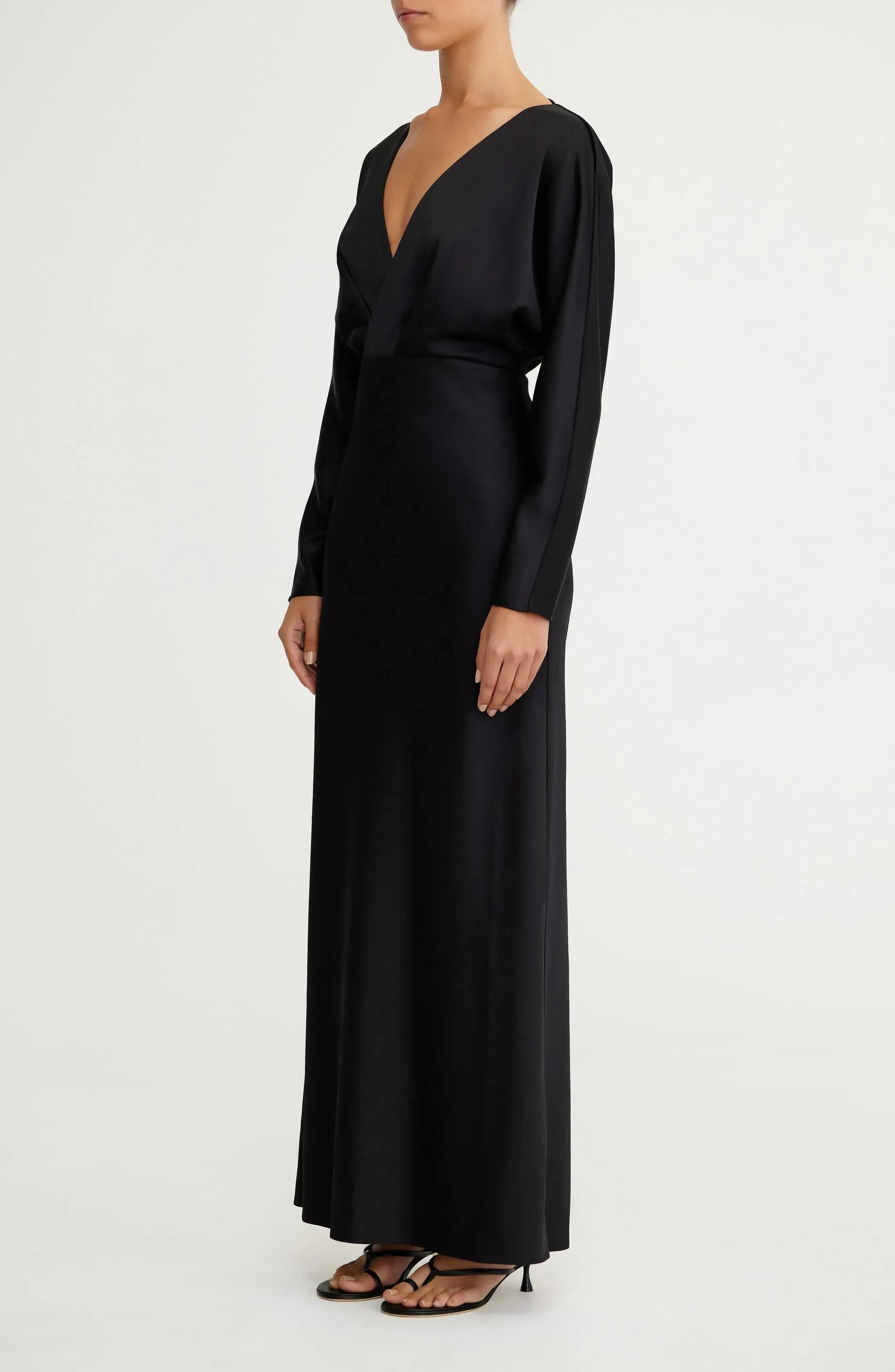 Sleek Satin Fitted Deep V Neck Long Sleeve Tie Back Floor Length For Ladies Evening Dress by YiHuiw