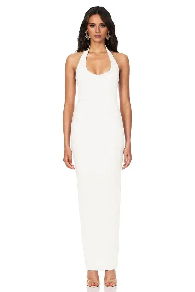 Sleek Sheath Halter Keyhole Neck Sleeveless Open Back Floor Length For Ladies Prom Dress by YiHuiw