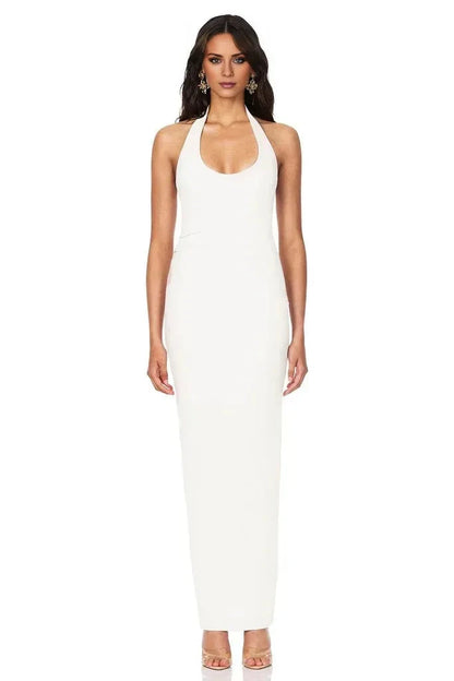 Sleek Sheath Halter Keyhole Neck Sleeveless Open Back Floor Length For Ladies Prom Dress by YiHuiw