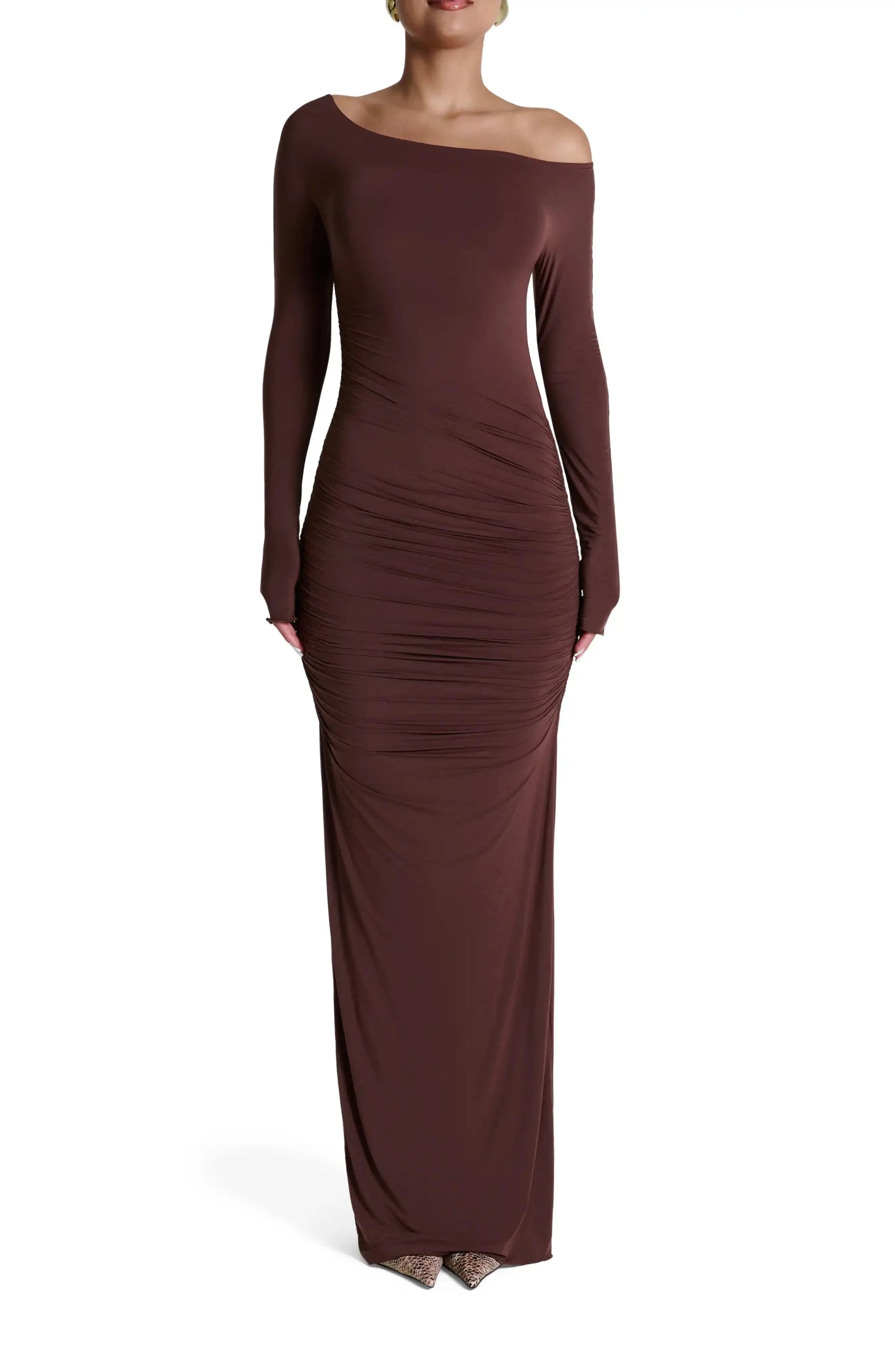 Sleek Sheath Off Shoulder Long Sleeve Ruched Back Maxi Hot Sale Evening Dress by YiHuiw
