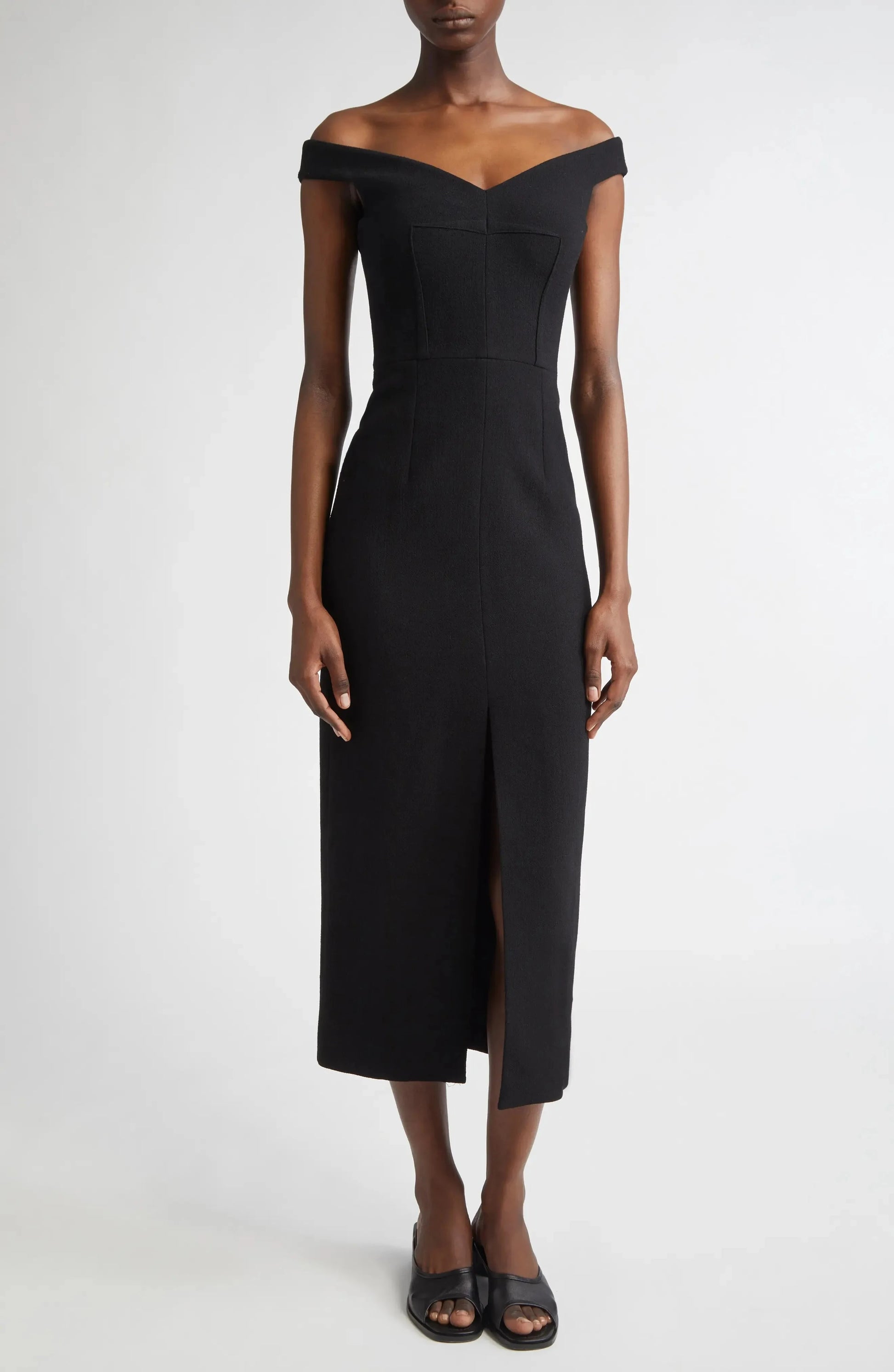 Sleek Sheath Off Shoulder Sleeveless Zipper Back Midi Evening Dress by YiHuiw
