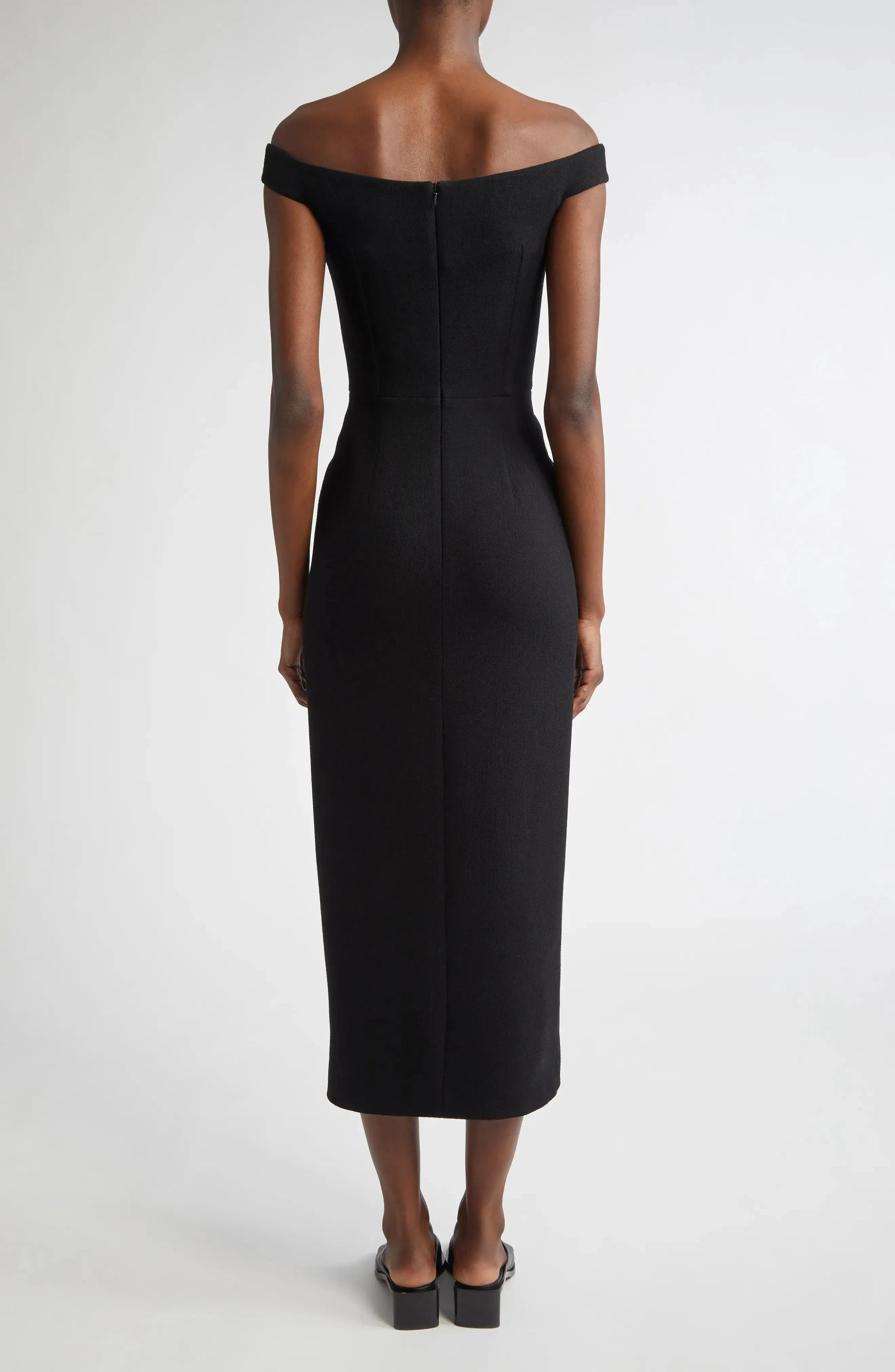 Sleek Sheath Off Shoulder Sleeveless Zipper Back Midi Evening Dress by YiHuiw