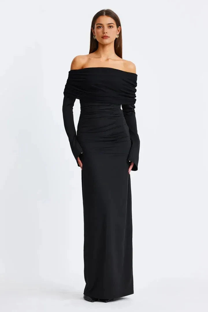 Sleek Sheath Off-the-Shoulder Long Sleeve Ruched Back Floor Length For Sale Prom Dress by YiHuiw