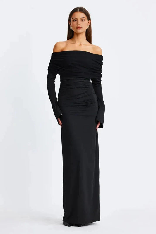 Sleek Sheath Off-the-Shoulder Long Sleeve Ruched Back Floor Length For Sale Prom Dress by YiHuiw