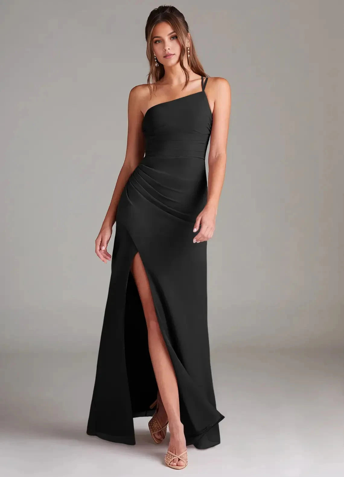 Sleek Sheath One Shoulder Adjustable Strap Open Back High Slit Floor Length For Ladies Evening Dress by YiHuiw