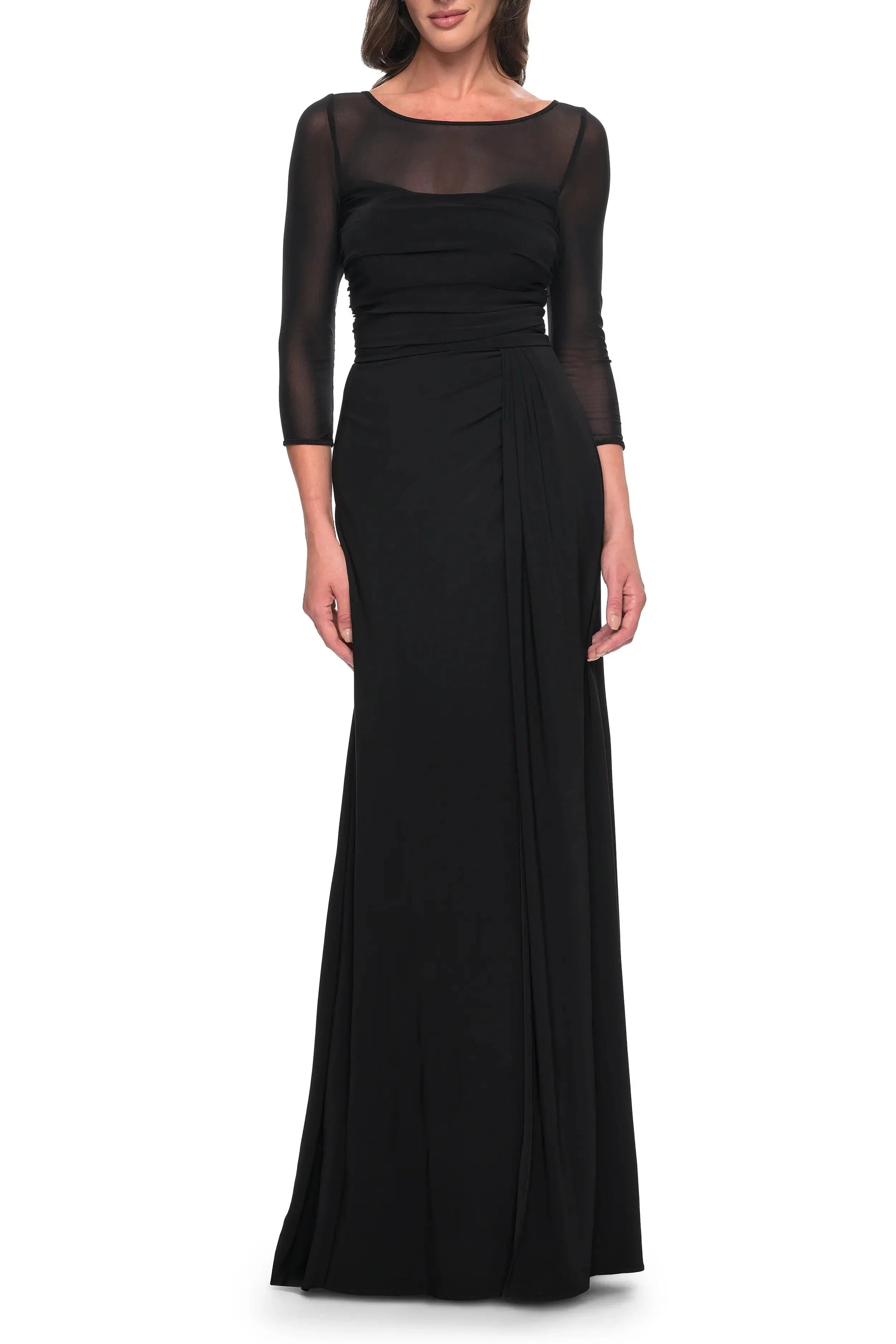 Sleek Sheer Yoke Ruched Boat Neck 3/4 Sleeve Zipper Back Floor Length Hot Sale Evening Dress by YiHuiw