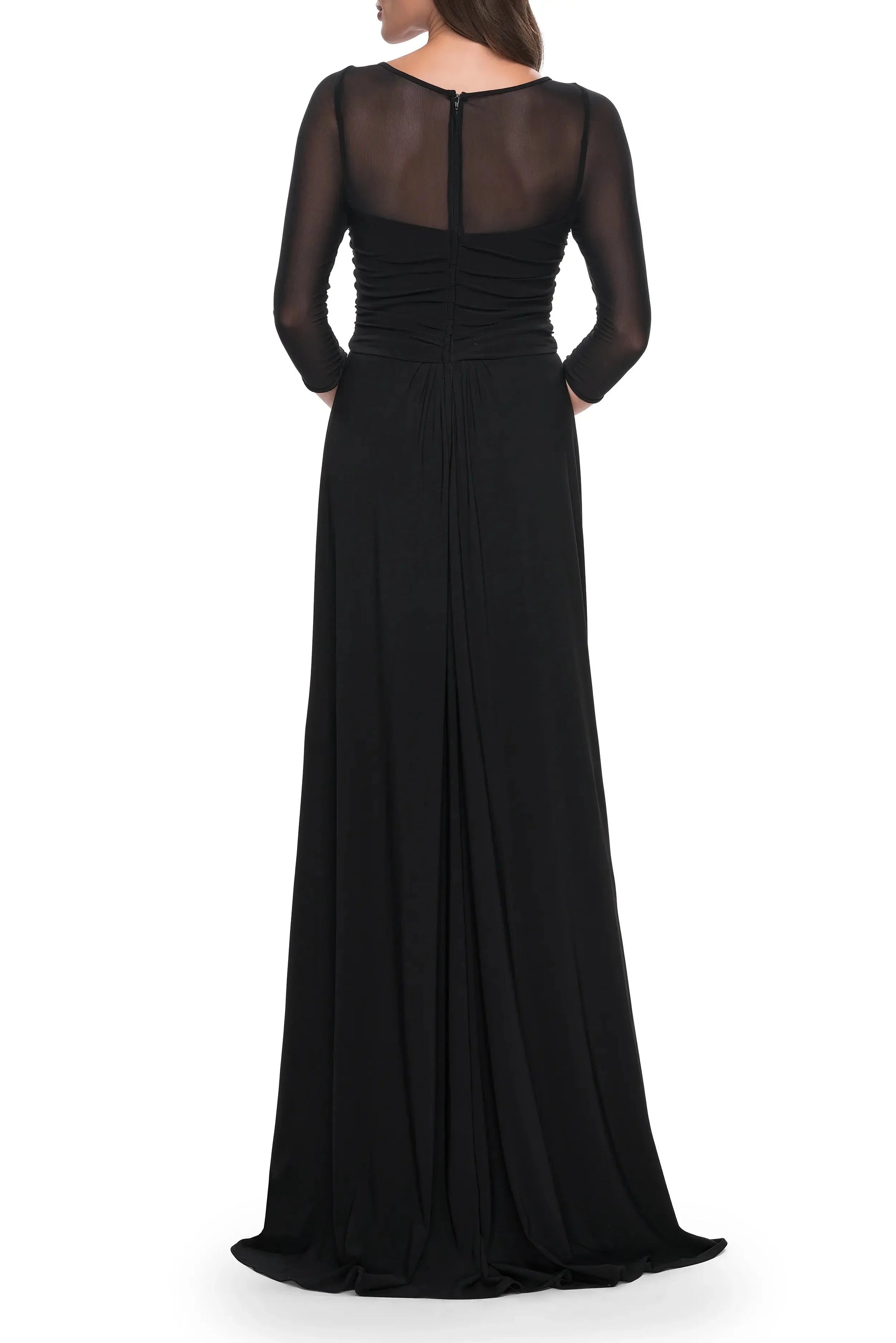 Sleek Sheer Yoke Ruched Boat Neck 3/4 Sleeve Zipper Back Floor Length Hot Sale Evening Dress by YiHuiw