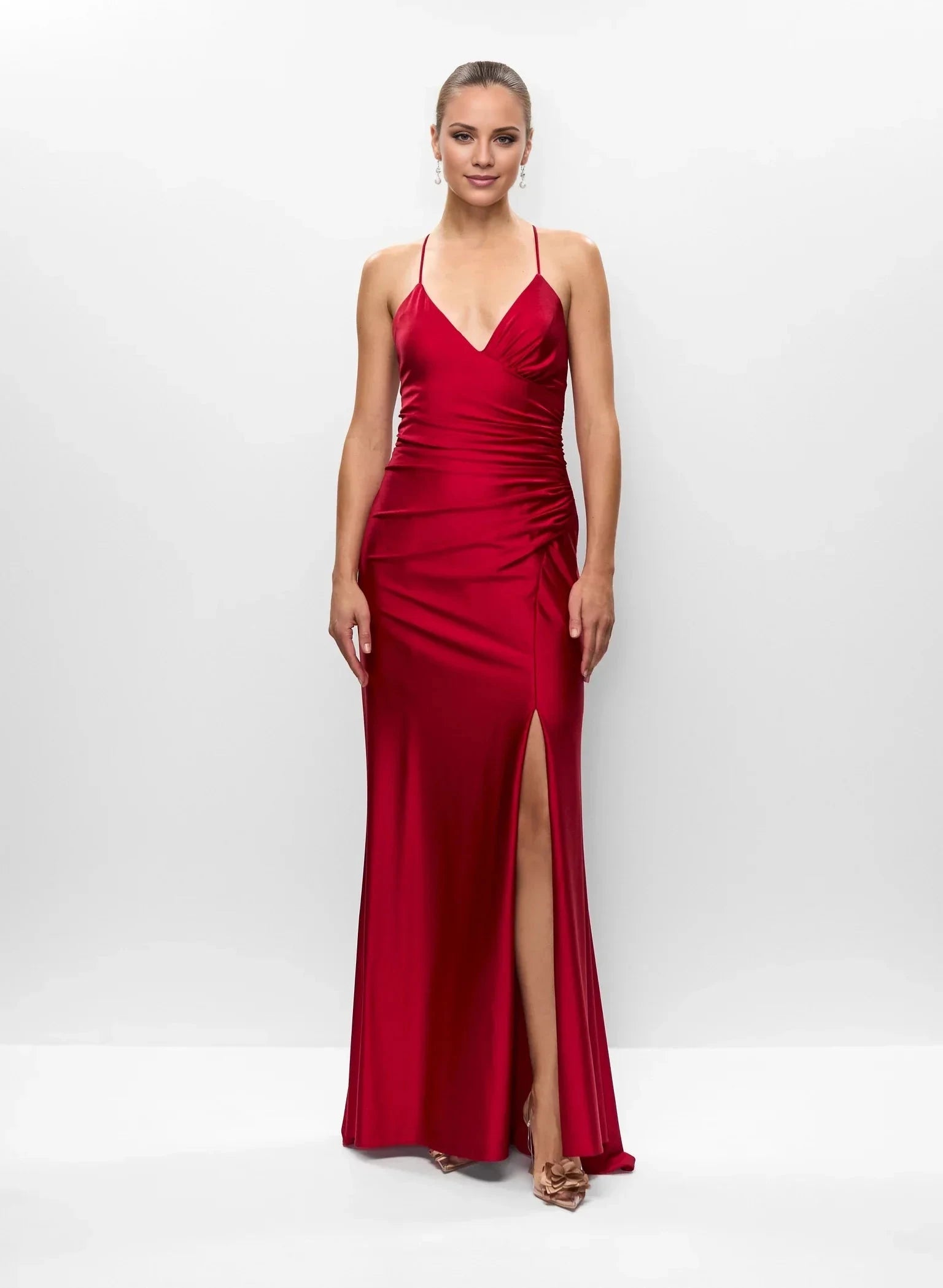 Sleek A-Line V Neck Satin Cross-Back Lace-Up Ruched Side-Slit Floor-Length Evening Dress by YiHuiw