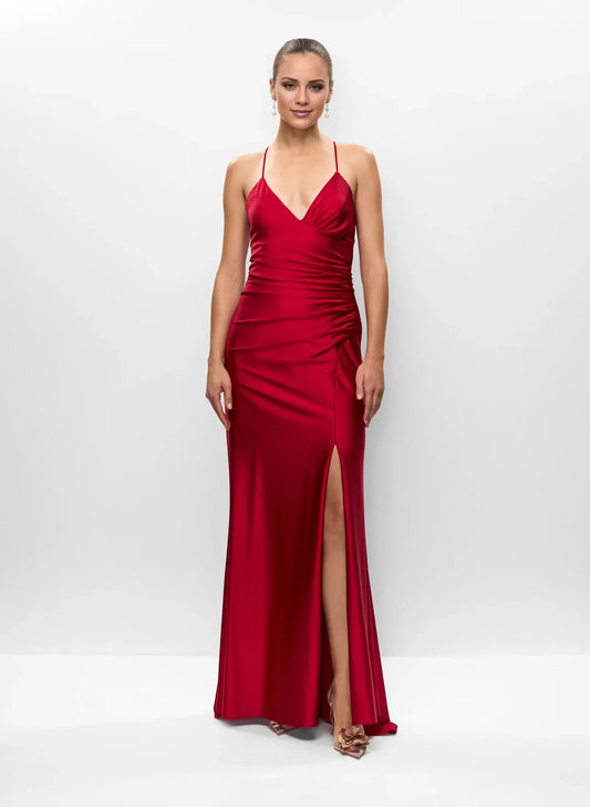 Sleek A-Line V Neck Satin Cross-Back Lace-Up Ruched Side-Slit Floor-Length Evening Dress by YiHuiw