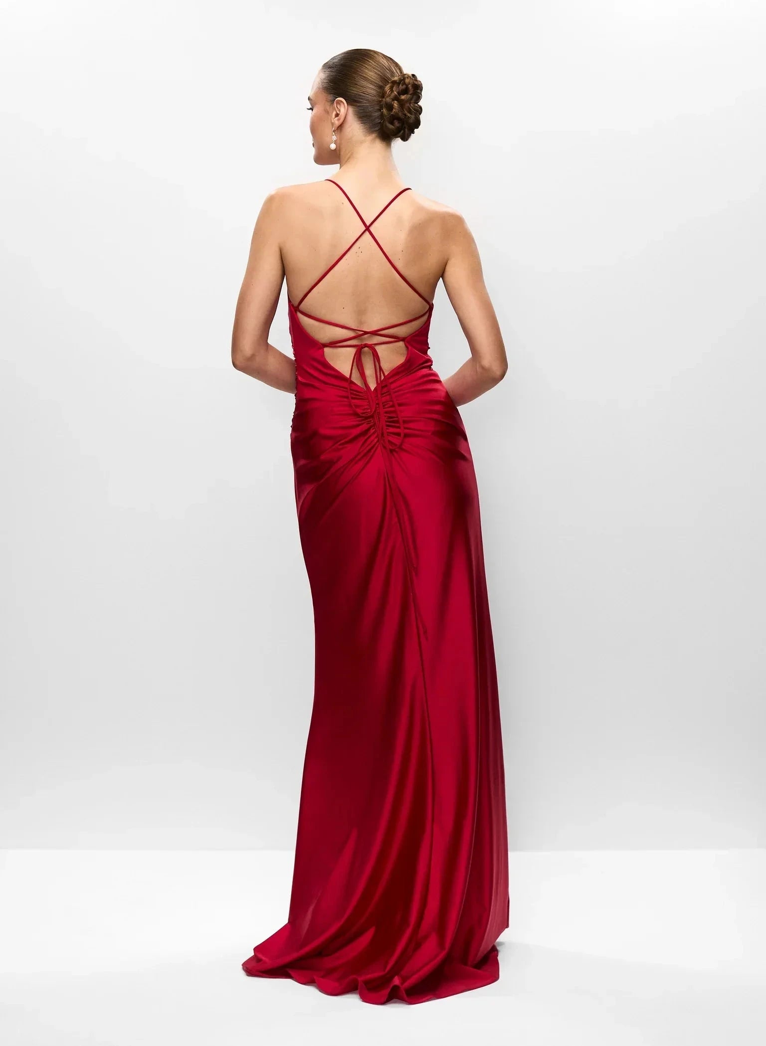 Sleek A-Line V Neck Satin Cross-Back Lace-Up Ruched Side-Slit Floor-Length Evening Dress by YiHuiw