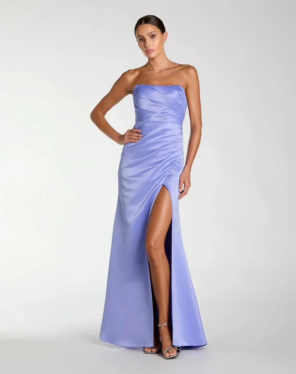 Sleek Form-Fitting Strapless Sleeveless Ruched Open Back Satin Maxi Evening Dress by LANQI DRESS