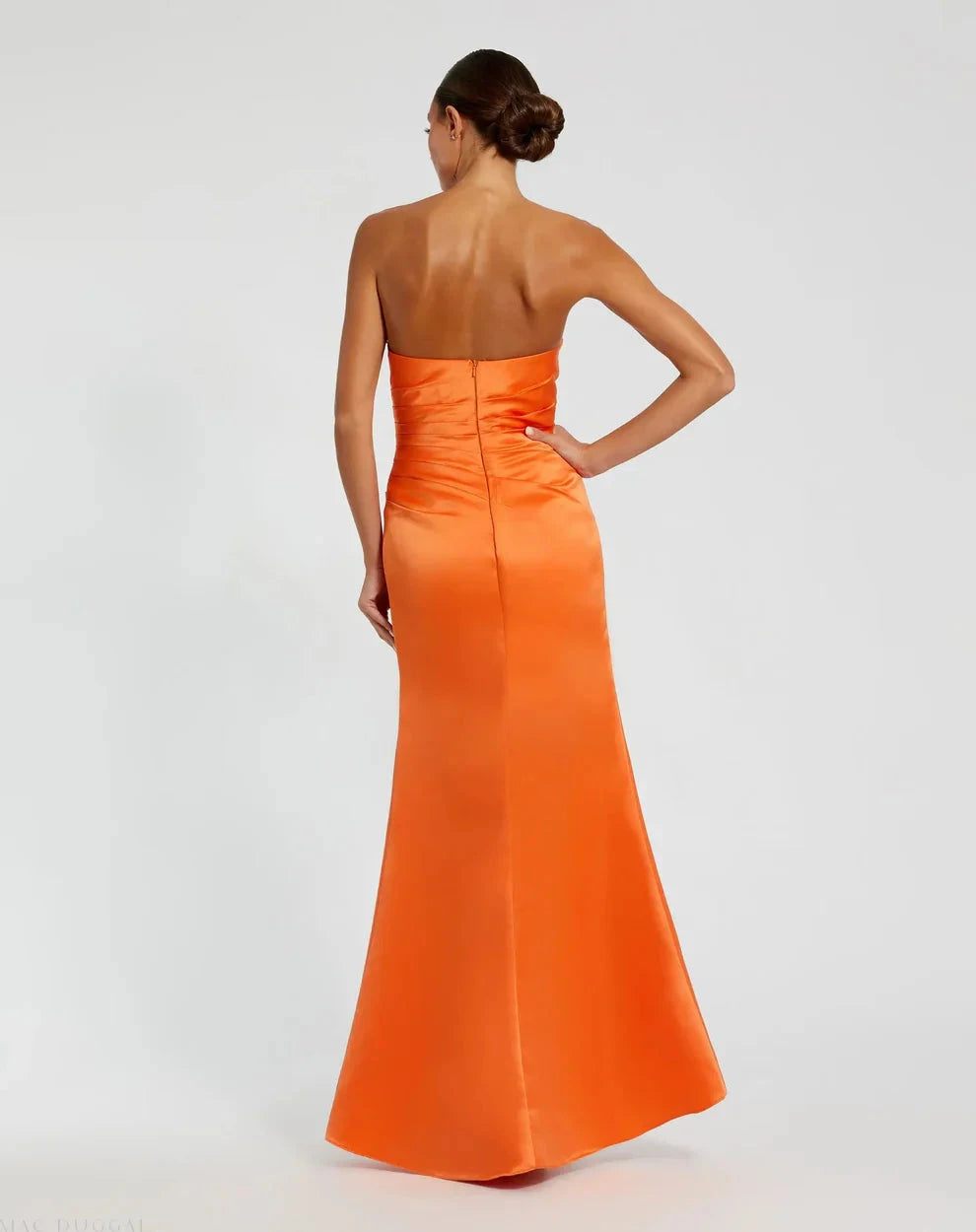 Sleek Form-Fitting Strapless Sleeveless Ruched Open Back Satin Maxi Evening Dress by LANQI DRESS