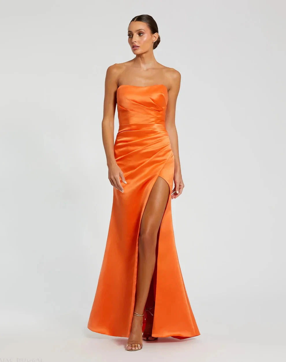 Sleek Form-Fitting Strapless Sleeveless Ruched Open Back Satin Maxi Evening Dress by LANQI DRESS