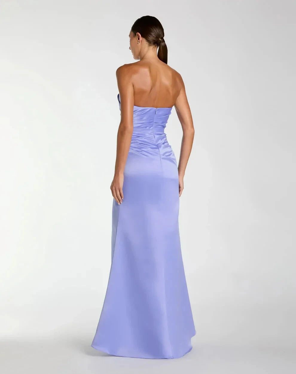 Sleek Form-Fitting Strapless Sleeveless Ruched Open Back Satin Maxi Evening Dress by LANQI DRESS