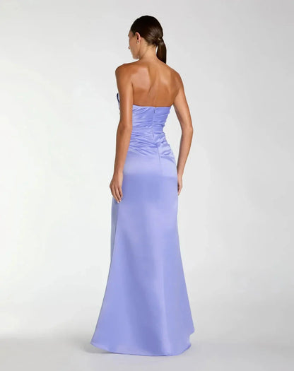 Sleek Form-Fitting Strapless Sleeveless Ruched Open Back Satin Maxi Evening Dress by LANQI DRESS