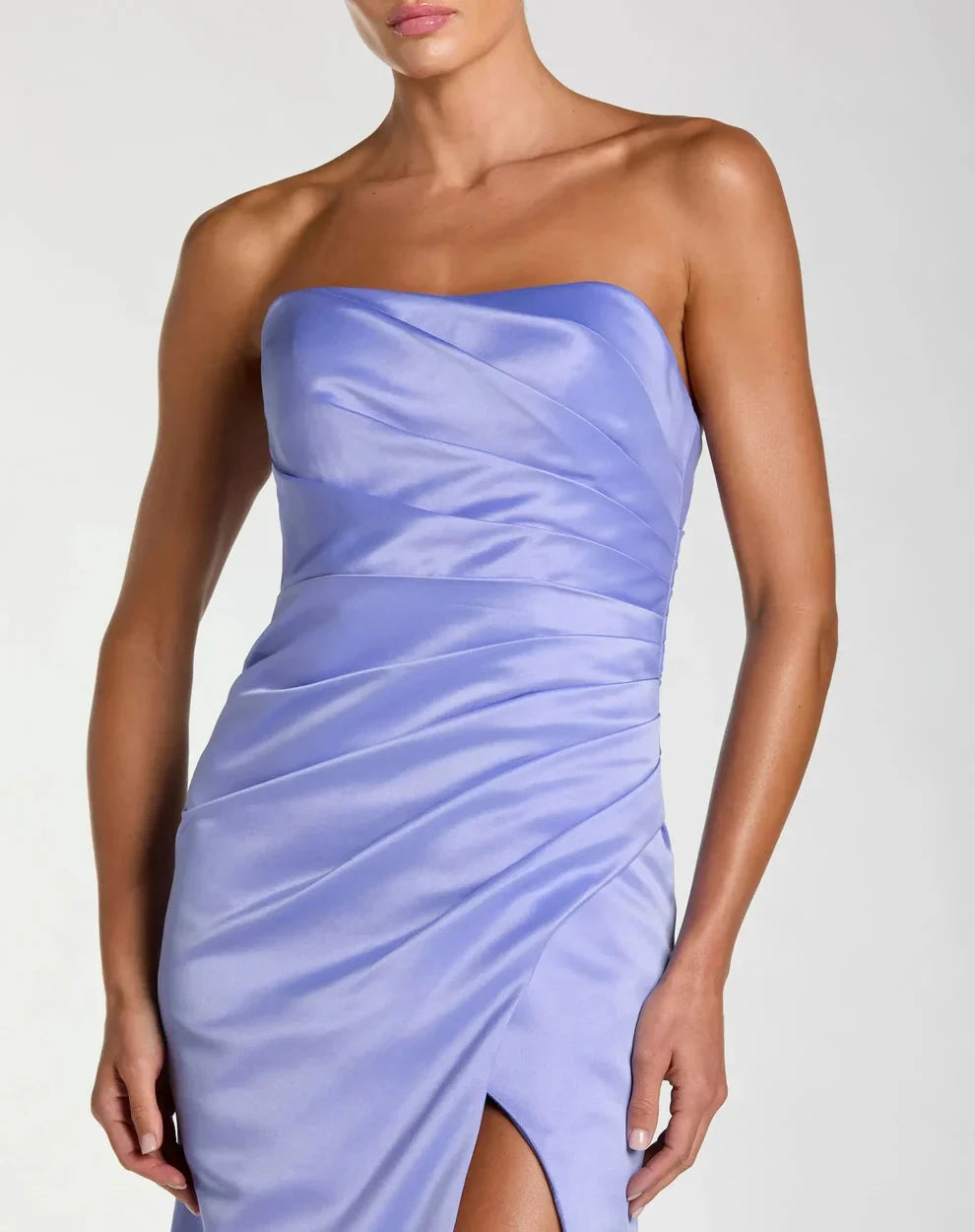 Sleek Form-Fitting Strapless Sleeveless Ruched Open Back Satin Maxi Evening Dress by LANQI DRESS