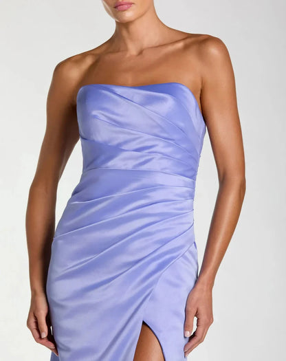 Sleek Form-Fitting Strapless Sleeveless Ruched Open Back Satin Maxi Evening Dress by LANQI DRESS