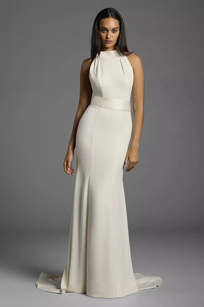 Sleek Mermaid Halter Sleeveless Cut-Out Back Train Wedding Dress by YiHuiw