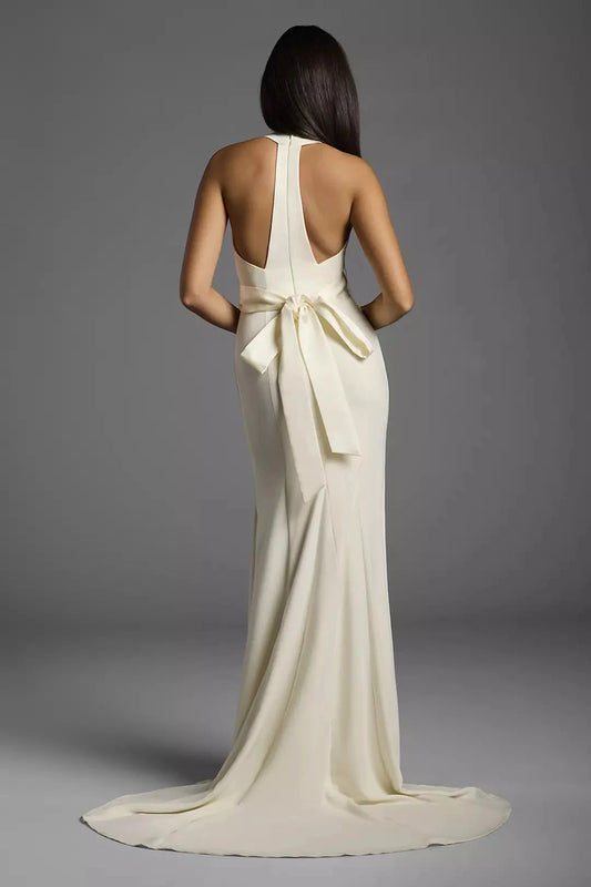 Sleek Mermaid Halter Sleeveless Cut-Out Back Train Wedding Dress by YiHuiw
