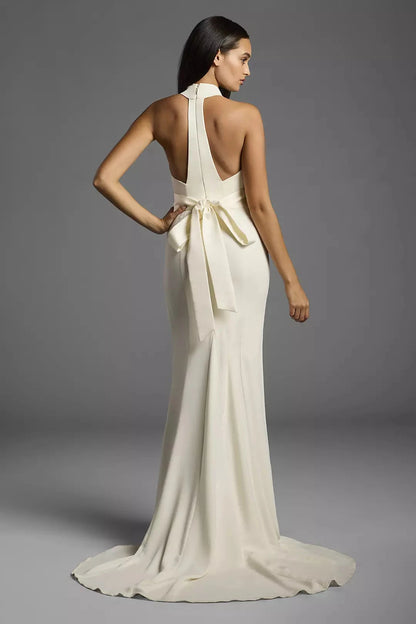 Sleek Mermaid Halter Sleeveless Cut-Out Back Train Wedding Dress by YiHuiw