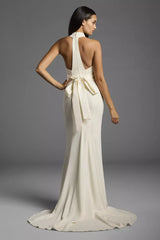Sleek Mermaid Halter Sleeveless Cut-Out Back Train Wedding Dress