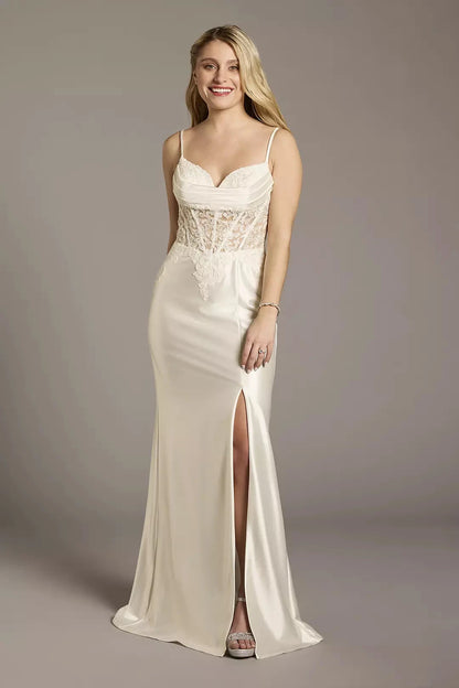 Sleek Mermaid Spaghetti-Strap V-Neck Lace-Overlay Satin Slit-Back Floor-Length Wedding Dress by YiHuiw