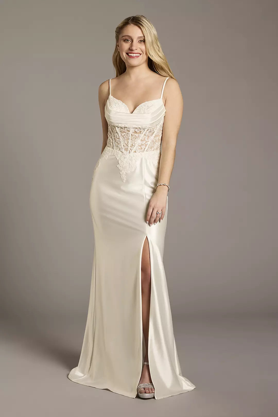 Sleek Mermaid Spaghetti-Strap V-Neck Lace-Overlay Satin Slit-Back Floor-Length Wedding Dress
