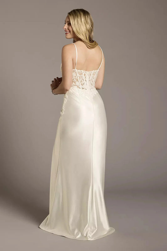 Sleek Mermaid Spaghetti-Strap V-Neck Lace-Overlay Satin Slit-Back Floor-Length Wedding Dress by YiHuiw