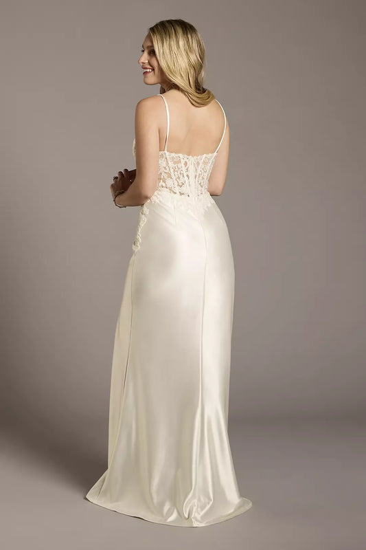 Sleek Mermaid Spaghetti-Strap V-Neck Lace-Overlay Satin Slit-Back Floor-Length Wedding Dress