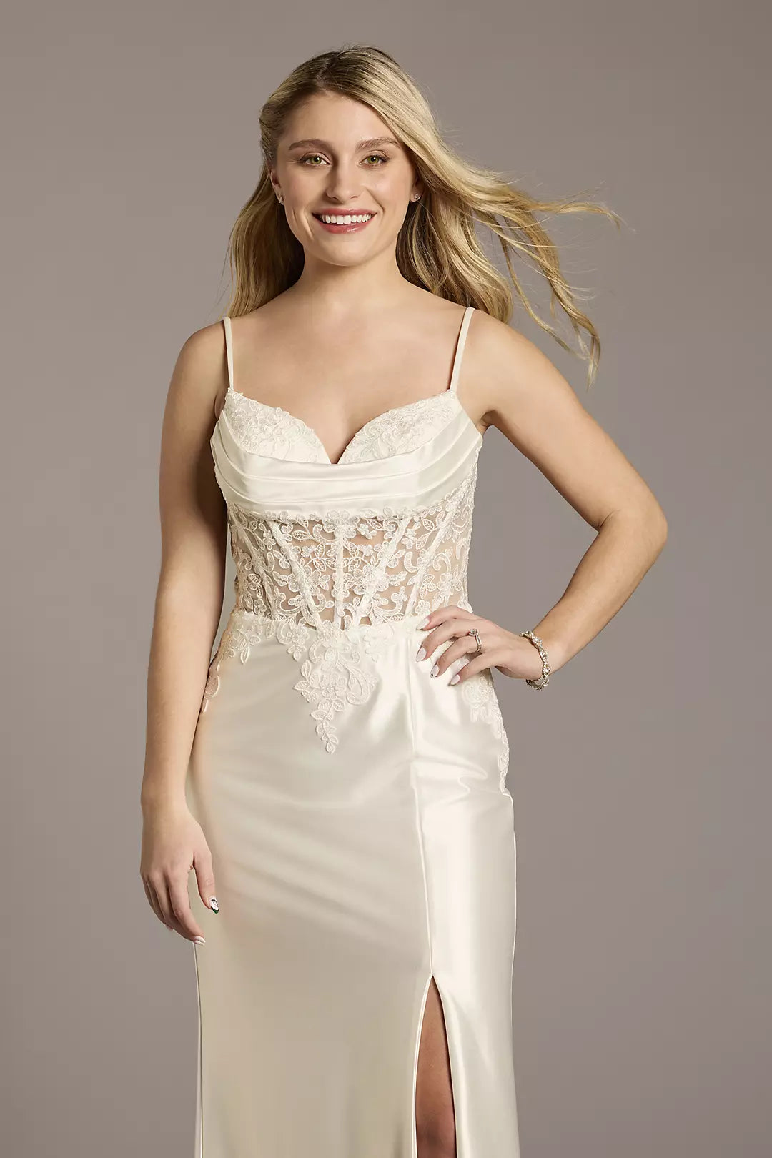 Sleek Mermaid Spaghetti-Strap V-Neck Lace-Overlay Satin Slit-Back Floor-Length Wedding Dress