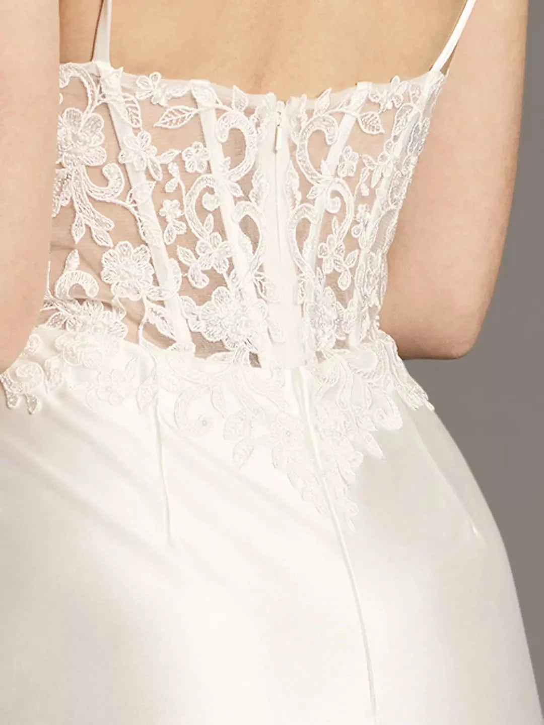 Sleek Mermaid Spaghetti-Strap V-Neck Lace-Overlay Satin Slit-Back Floor-Length Wedding Dress by YiHuiw