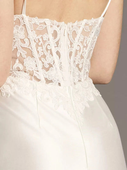 Sleek Mermaid Spaghetti-Strap V-Neck Lace-Overlay Satin Slit-Back Floor-Length Wedding Dress by YiHuiw