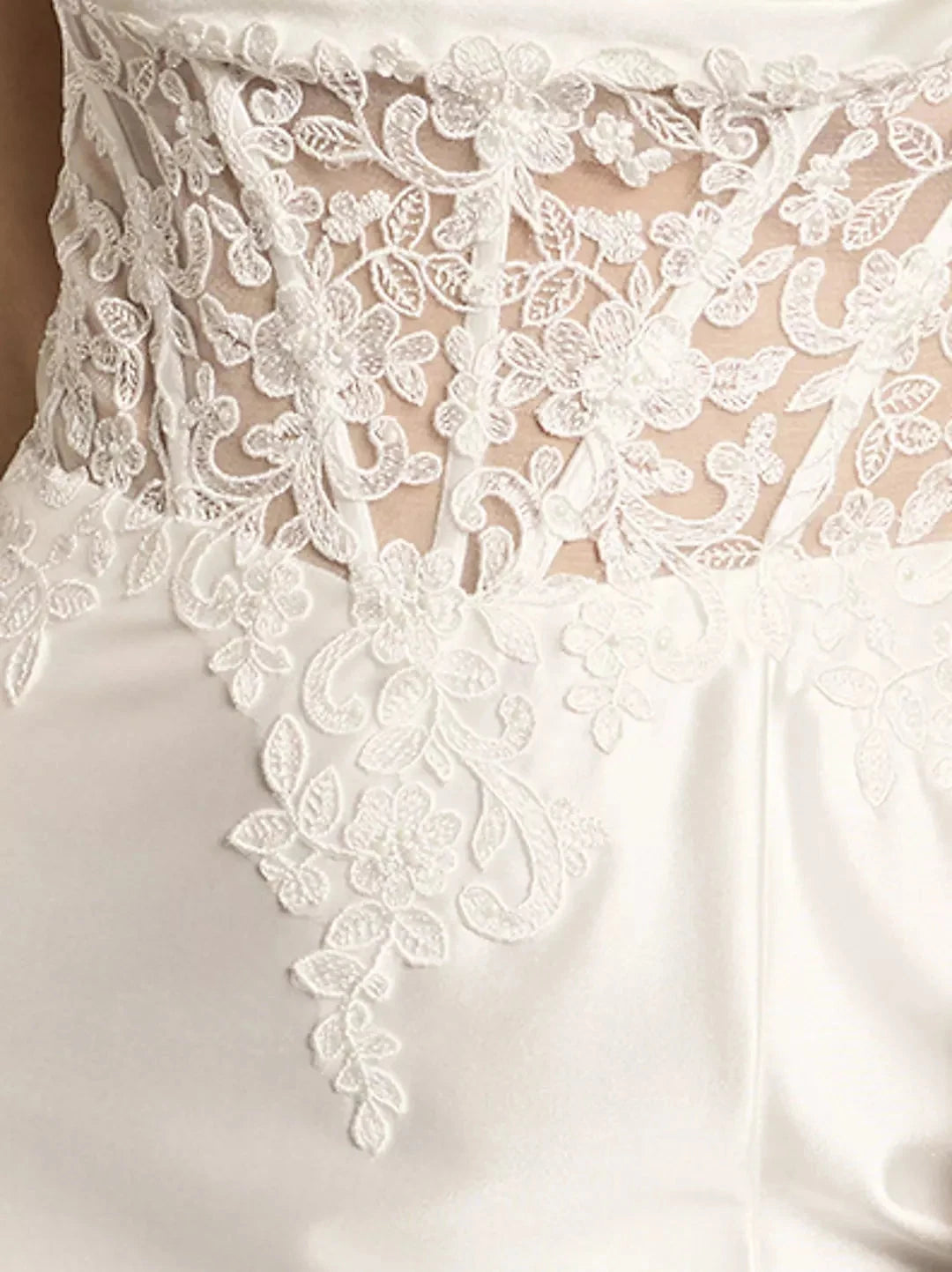 Sleek Mermaid Spaghetti-Strap V-Neck Lace-Overlay Satin Slit-Back Floor-Length Wedding Dress by YiHuiw