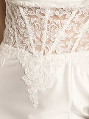 Sleek Mermaid Spaghetti-Strap V-Neck Lace-Overlay Satin Slit-Back Floor-Length Wedding Dress