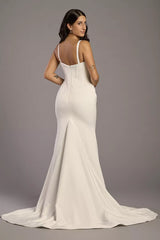Sleek Mermaid Square-Neck Spaghetti-Strap Satin Corset-Back Train Wedding Dress