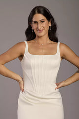 Sleek Mermaid Square-Neck Spaghetti-Strap Satin Corset-Back Train Wedding Dress