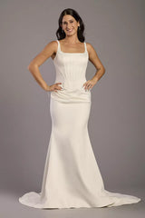 Sleek Mermaid Square-Neck Spaghetti-Strap Satin Corset-Back Train Wedding Dress