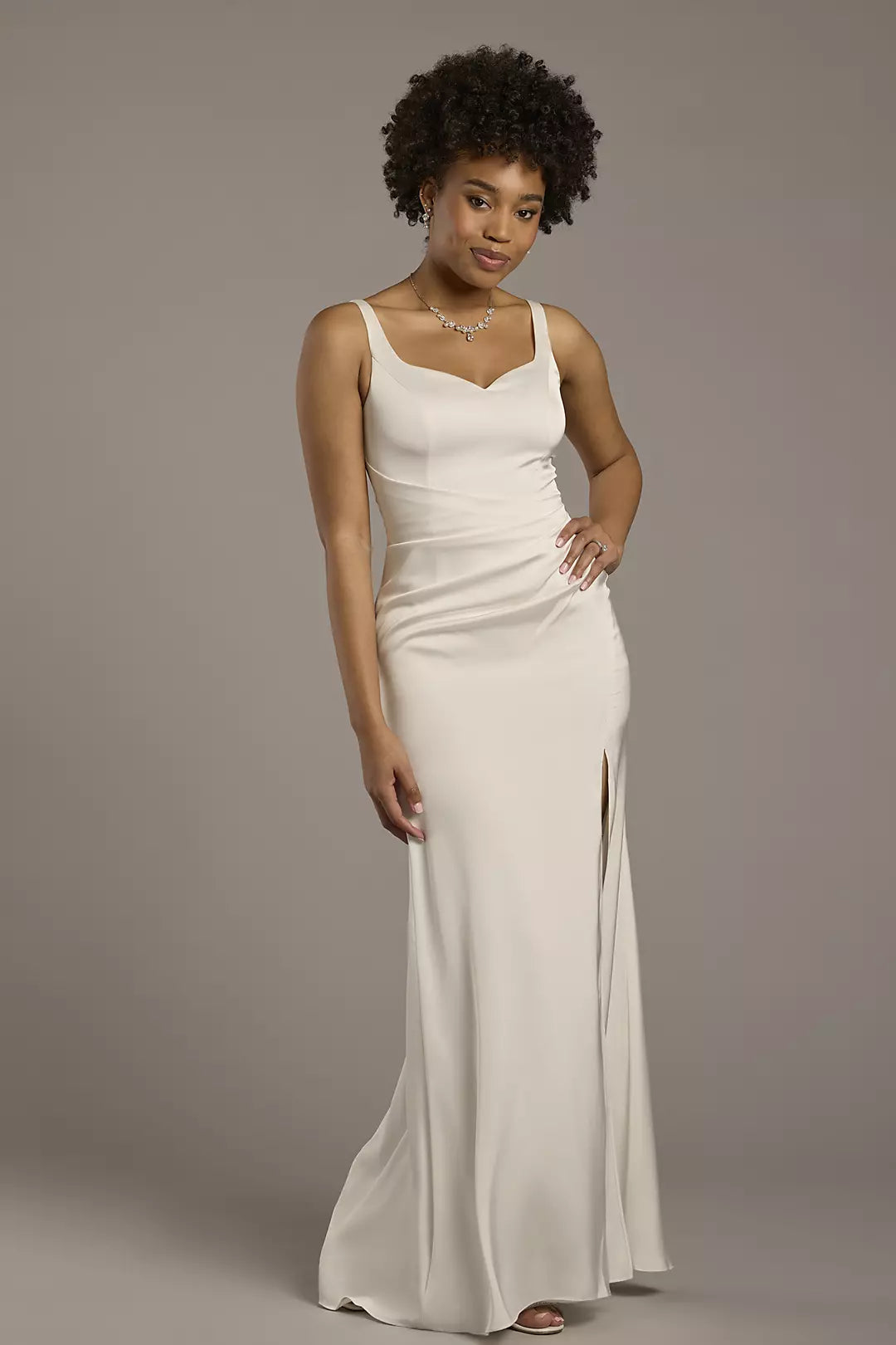 Sleek Modern Mermaid Square-Neck Spaghetti-Strap Satin Ruched Bodice Low-Back High-Slit Wedding Dress