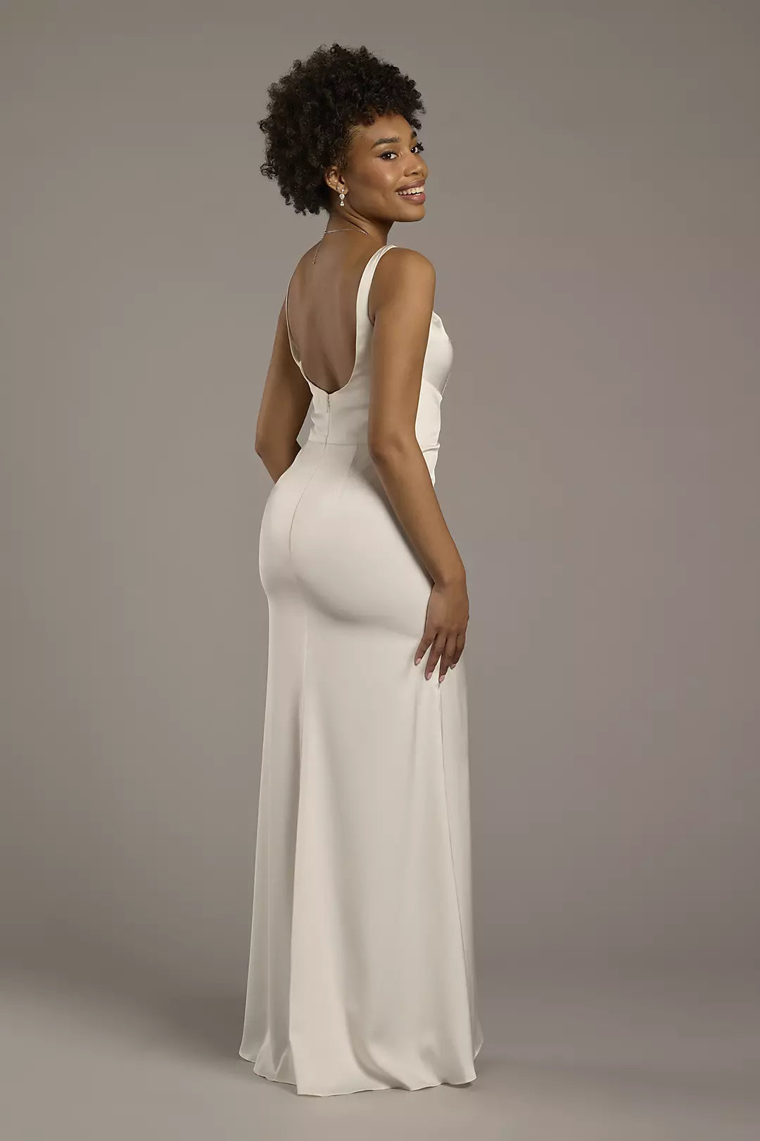 Sleek Modern Mermaid Square-Neck Spaghetti-Strap Satin Ruched Bodice Low-Back High-Slit Wedding Dress